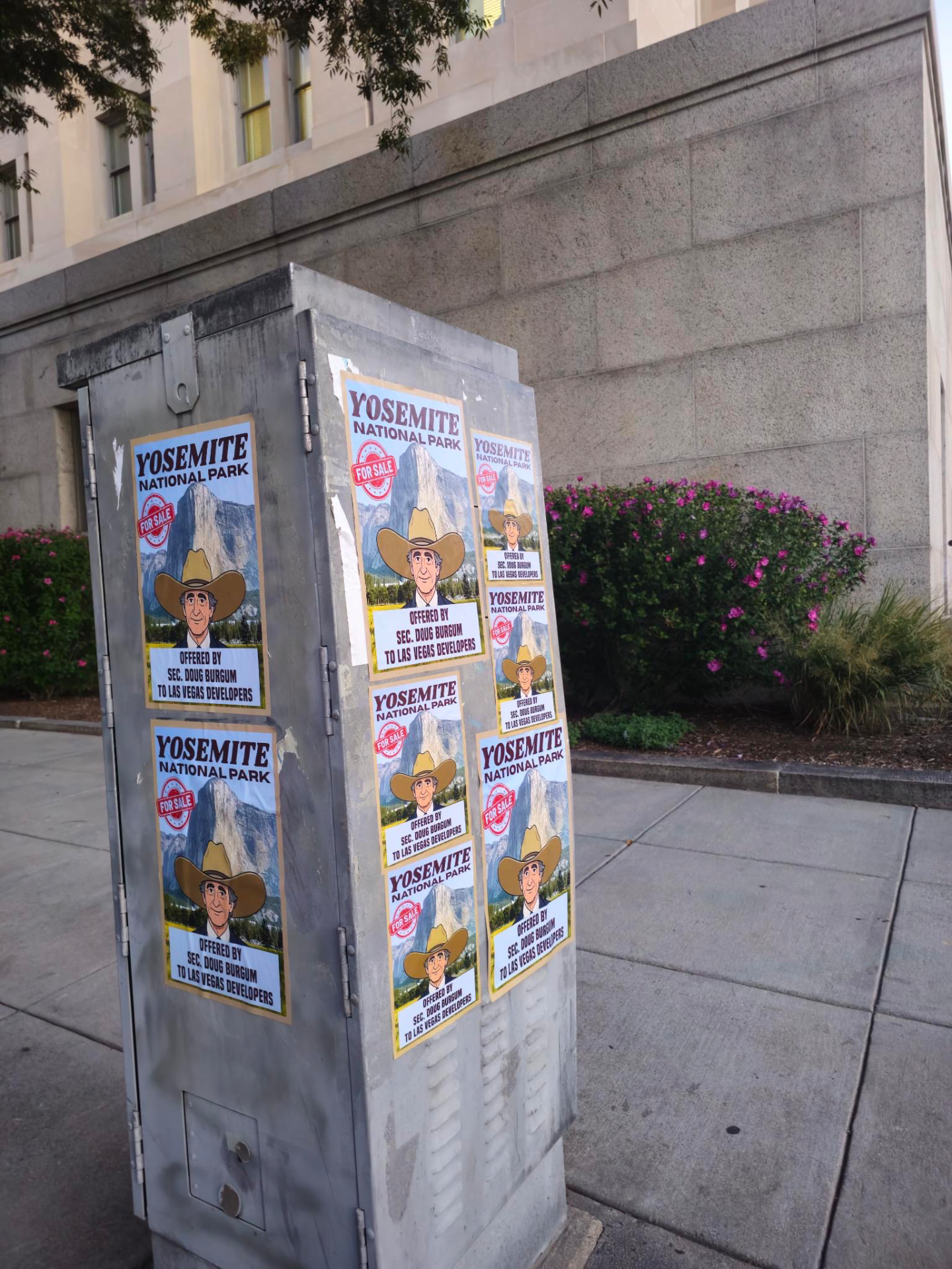 Multiple Yosemite for sale posters on a city utility box